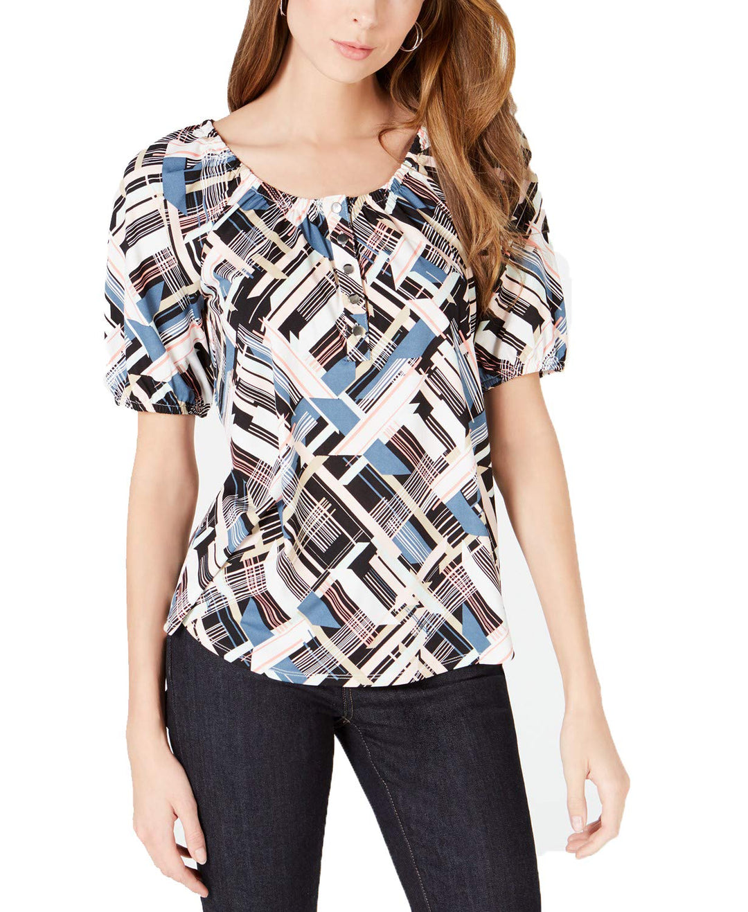 NY Collection Petite Printed Peasant Top