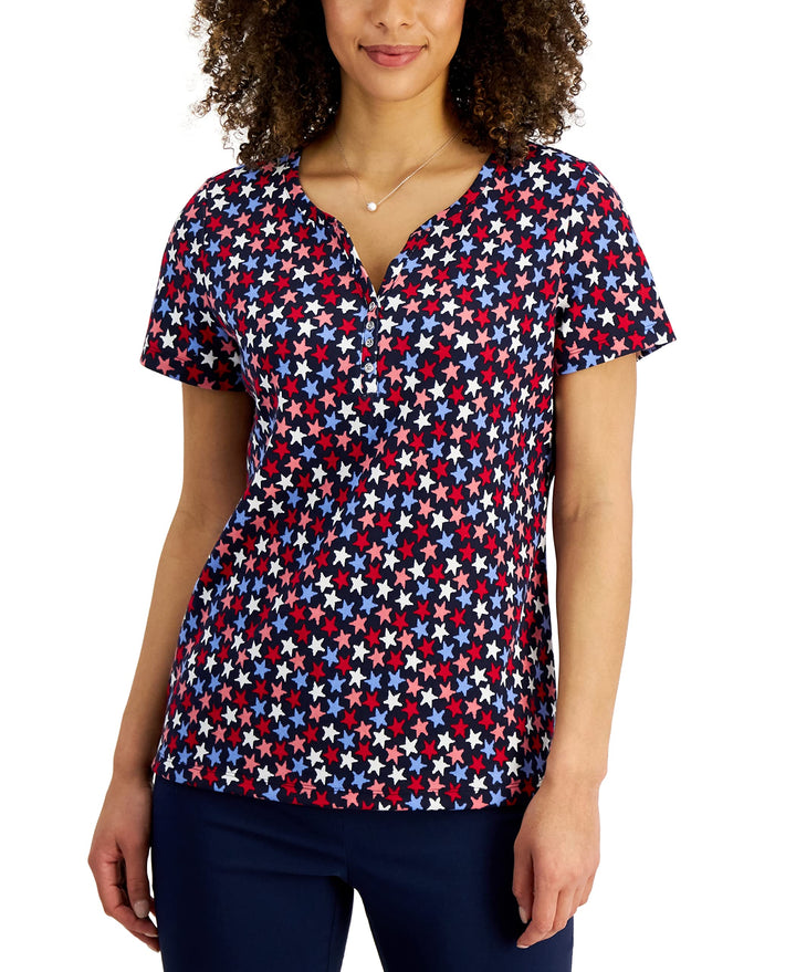 Karen Scott Womens Star Ditsy Henley Top