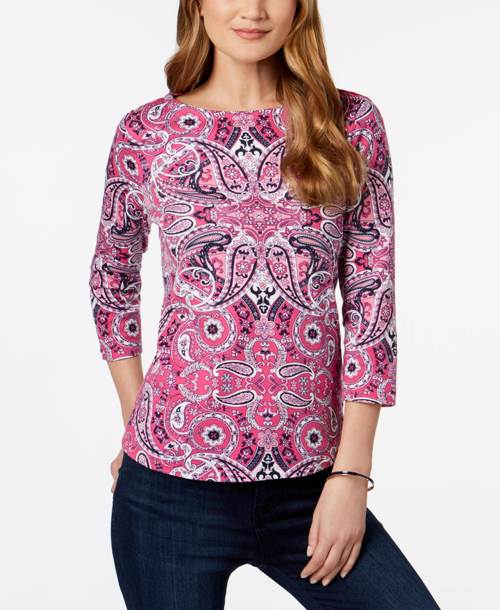 Button-Shoulder Print Top