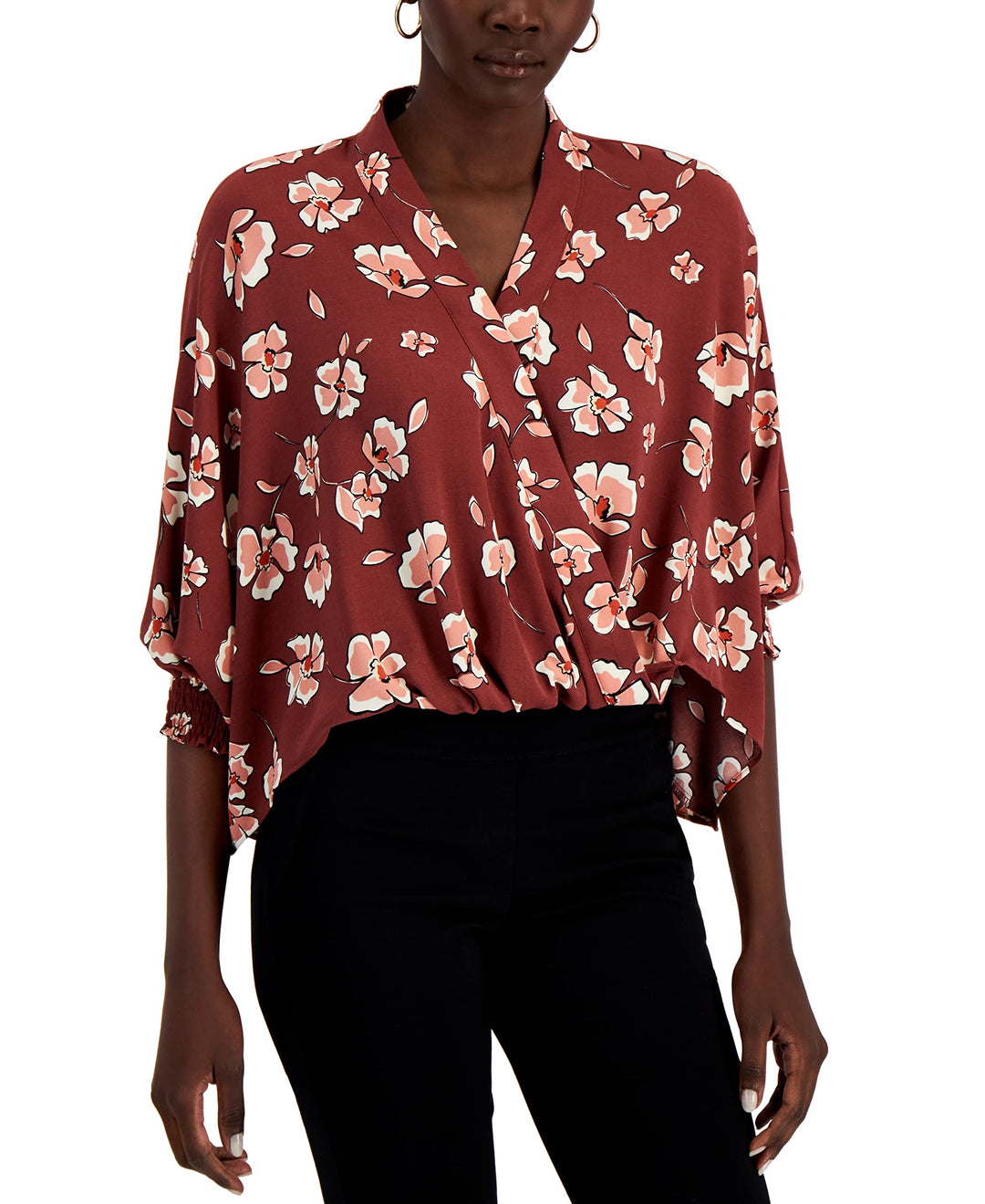 Alfani Faux Wrap Smocked Cuff Top