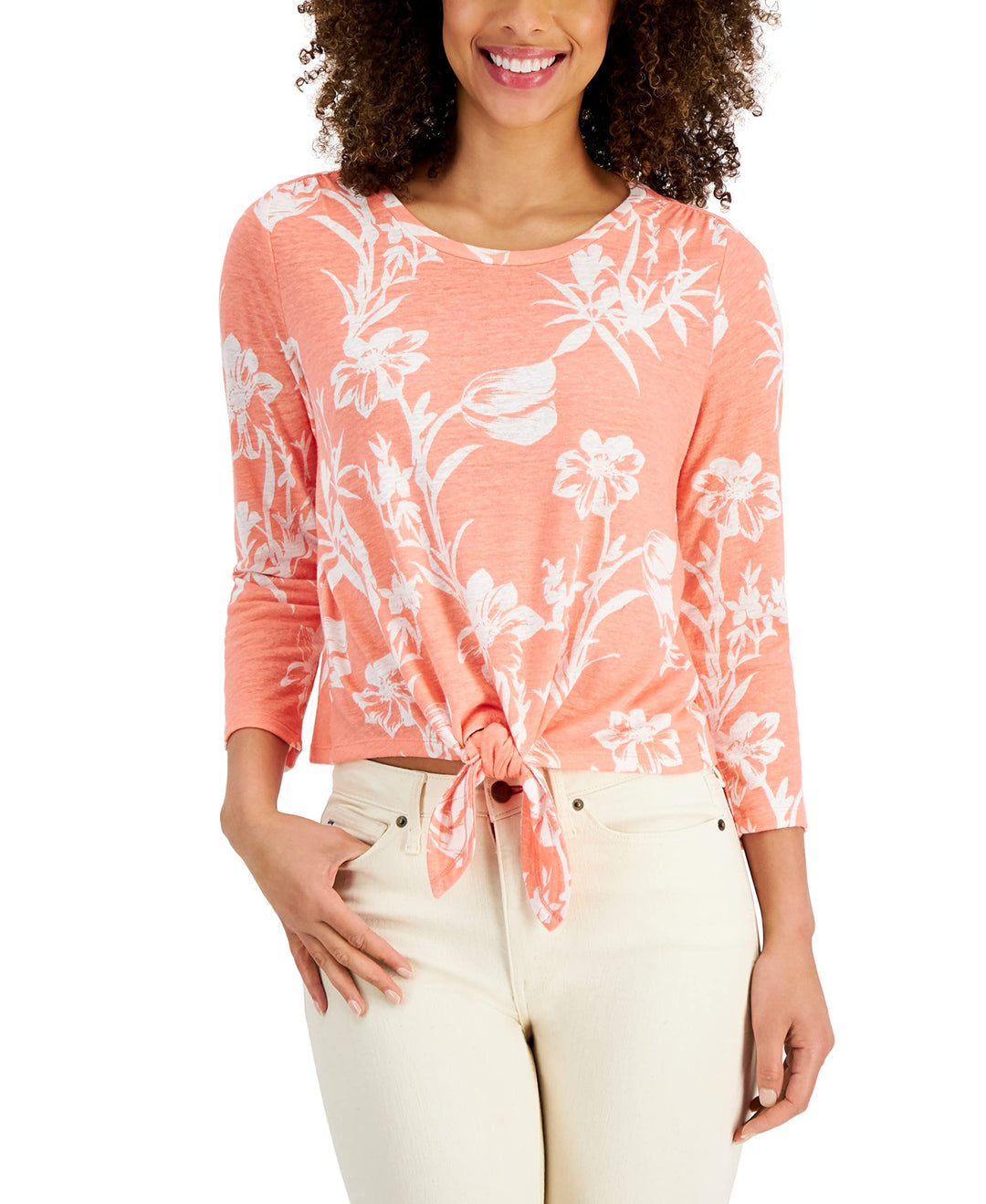 Charter Club Floral Print Tie Hem Top