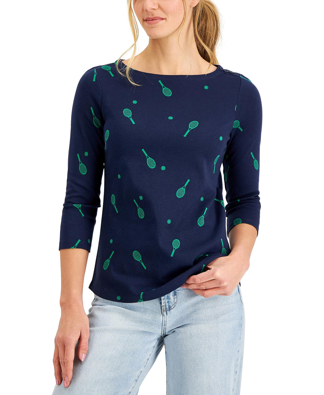 Charter Club Pima Cotton Tennis Print Boat Neck Top