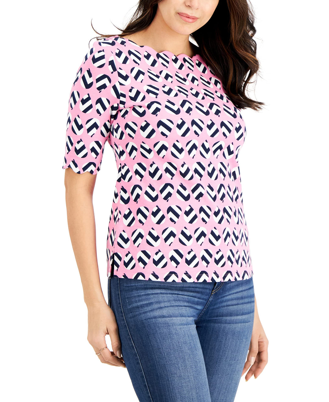 Charter Club Petite Printed Scalloped Neck Knit Top