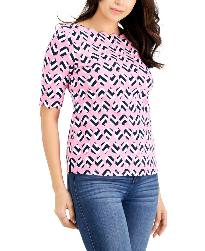 Charter Club Petite Printed Scalloped Neck Knit Top
