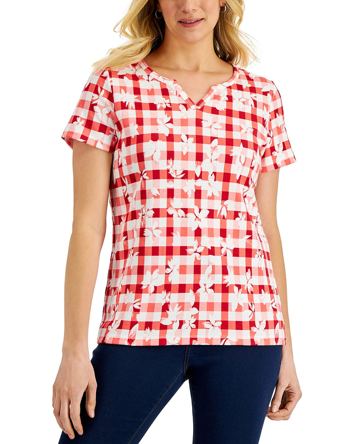 Karen Scott Womens Gingham Blooms Printed Top