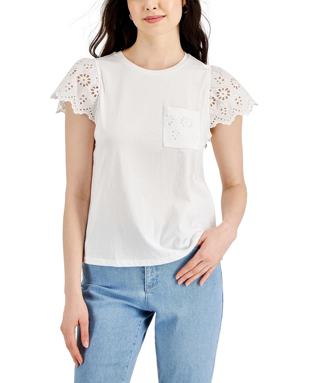 Charter Club Petite Cotton Lace Sleeve T-Shirt