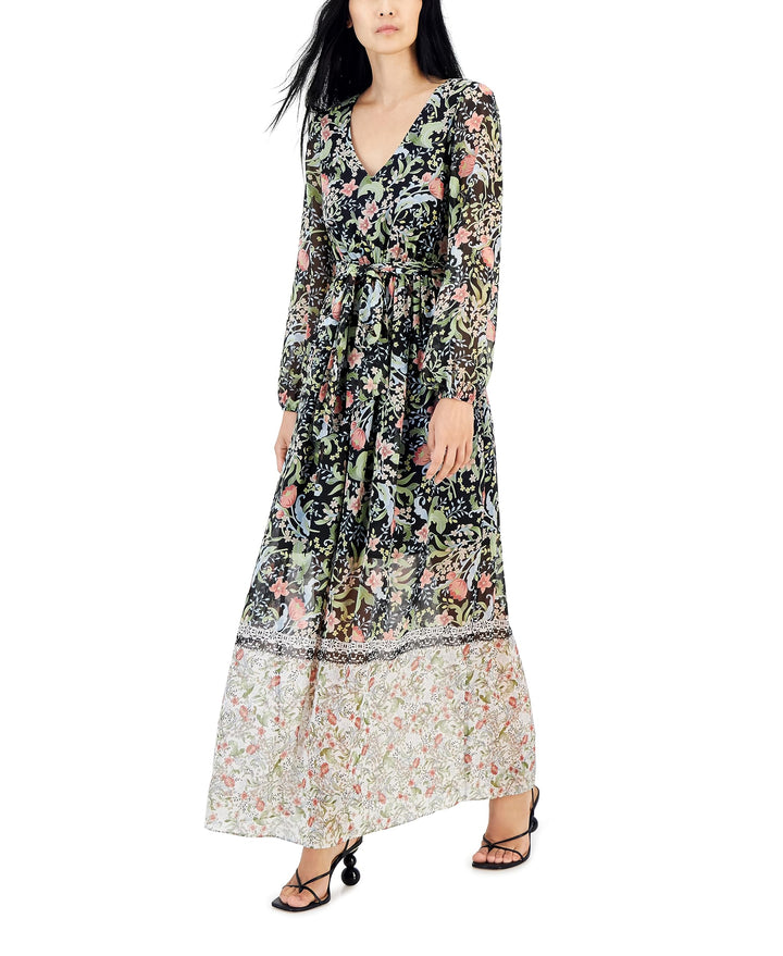 INC International Concepts Floral Print Tie Waist V Neck Maxi Dress