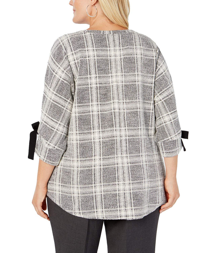 Charter Club Plus Size Plaid Bow Cuffed Dolman Sleeve Top