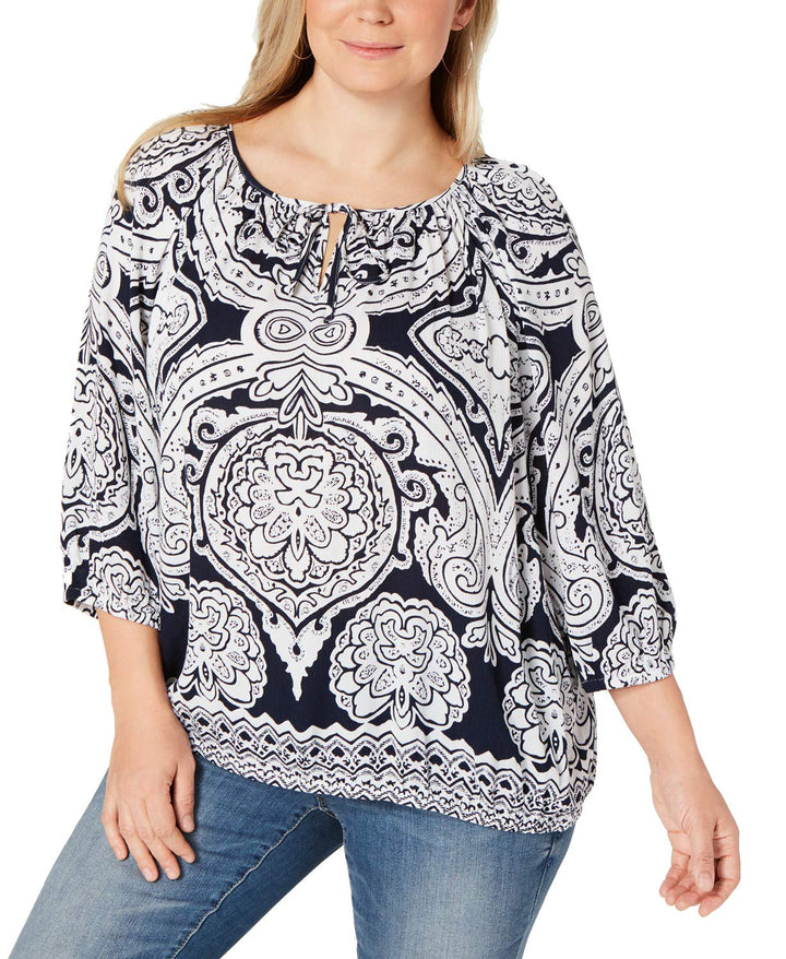 Plus Size Printed Keyhole Detail Top