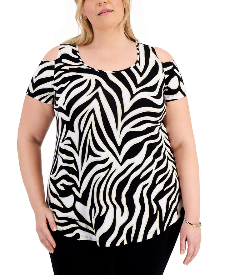 JM Collection Plus Size Printed Cold Shoulder Top