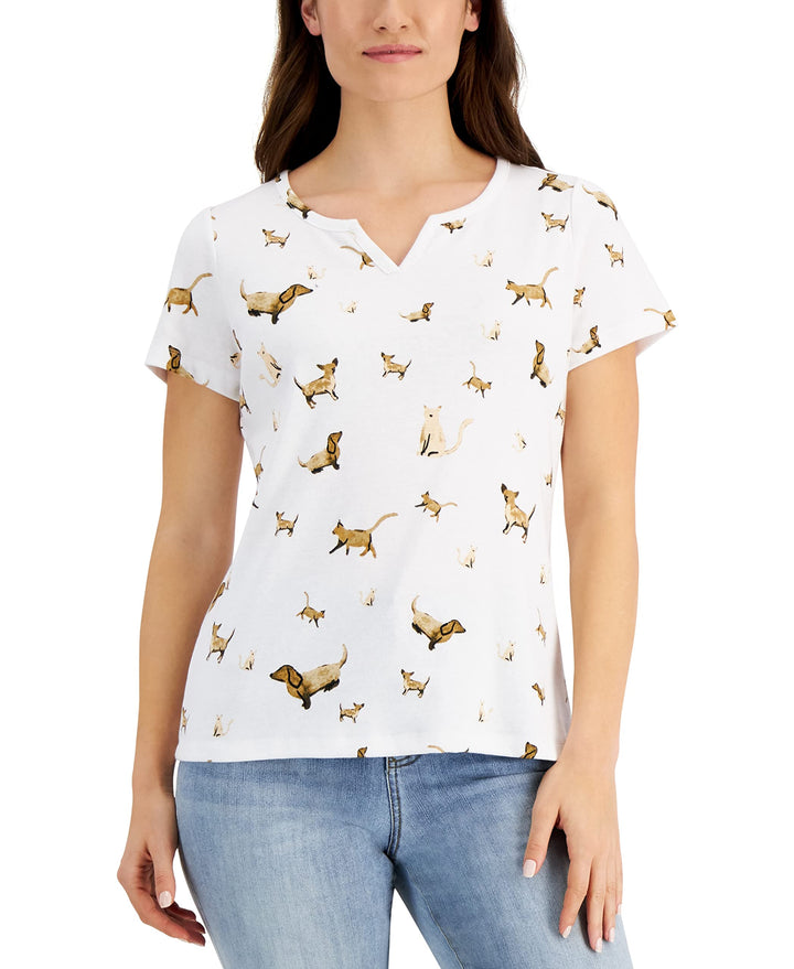 Karen Scott Petite Pet Parade Split Neck Top