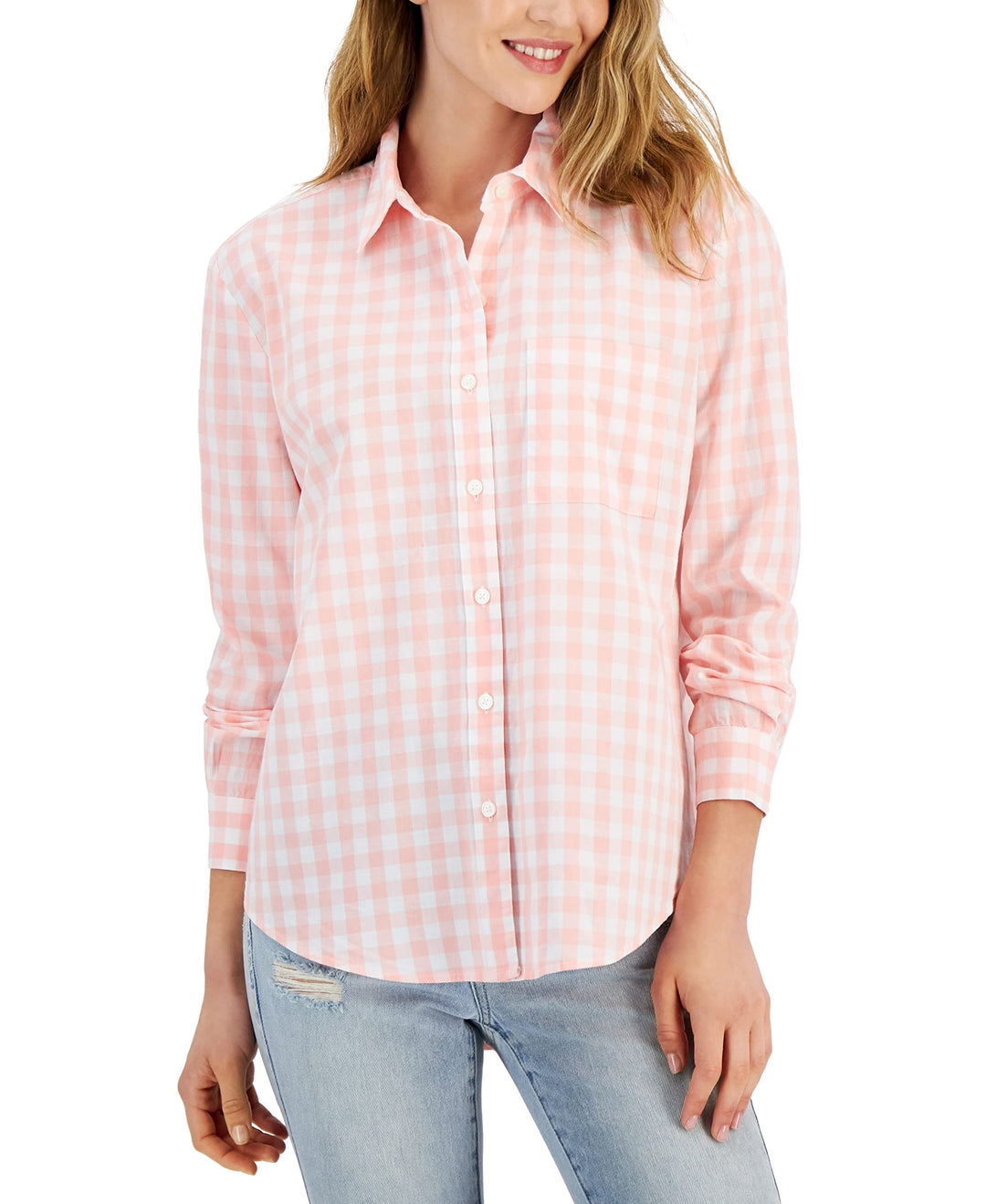 Style & Co Petite Cotton Gingham Boyfriend Shirt