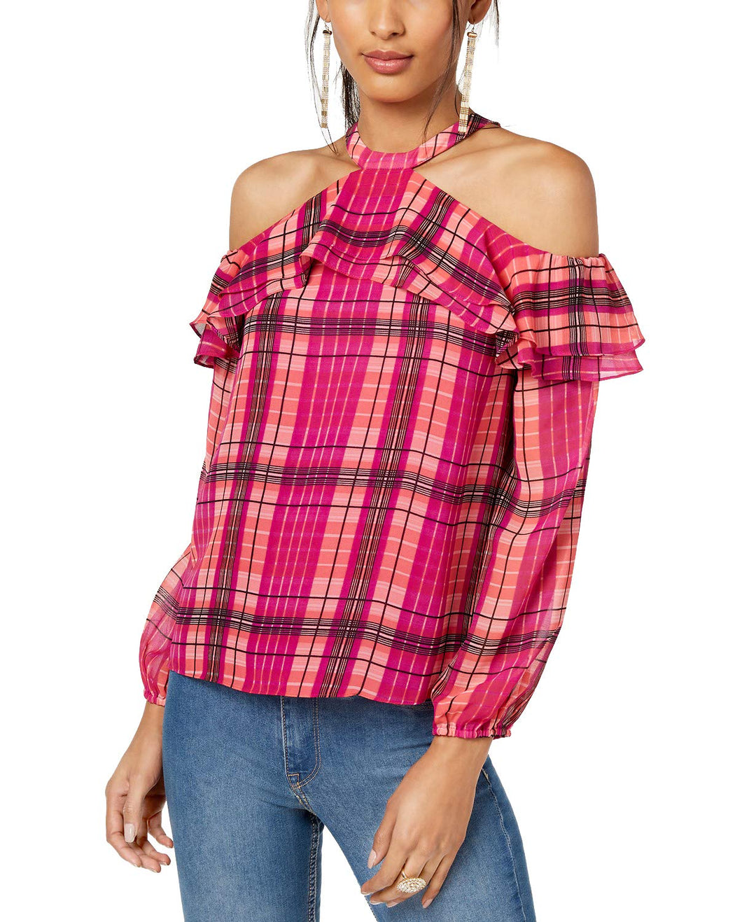 Ruffled Plaid Cold Shoulder Top