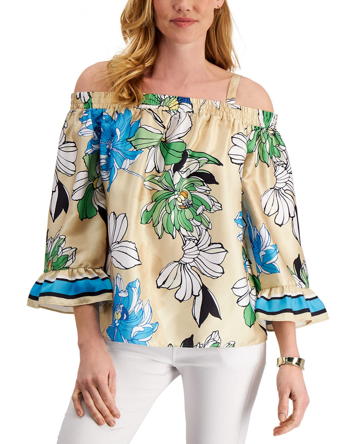 JM Collection Floral Print Cold Shoulder Top