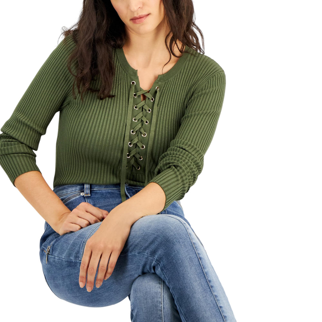 INC International Concepts Womens Lace Up Ribbed Sweater