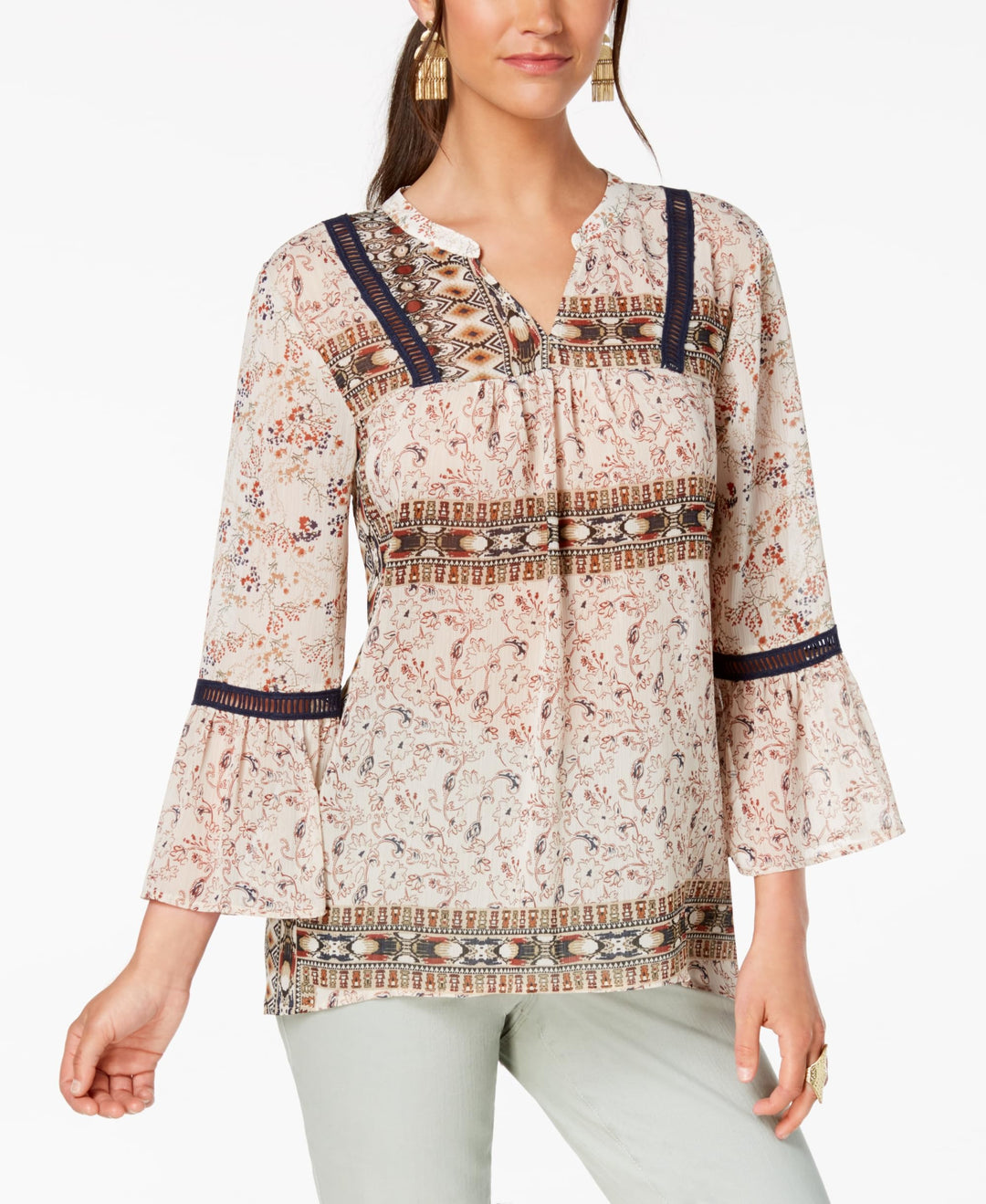 Style & Co Printed Ladder Trim Peasant Top