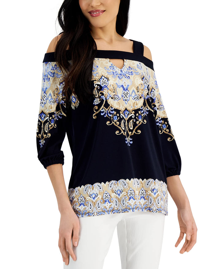 JM Collection Womens Manda Printed Cold Shoulder Top