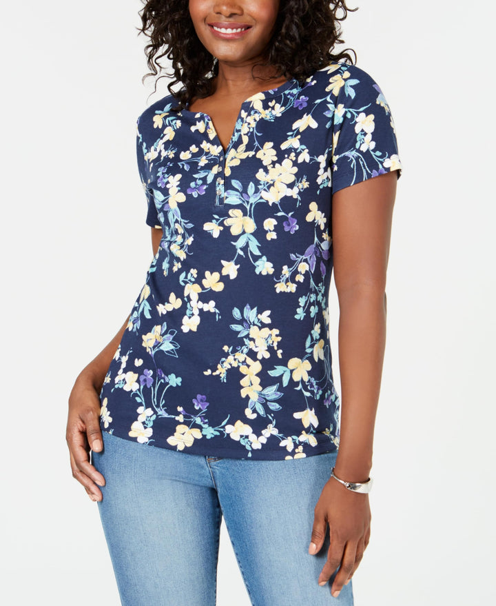 Karen Scott Short Sleeve Floral Print Henley
