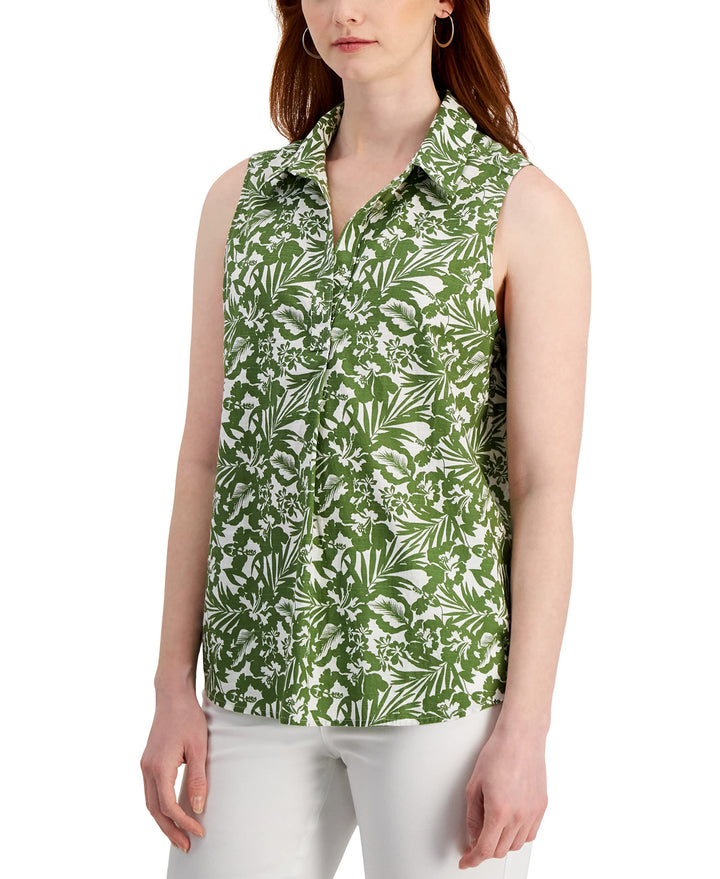 Style & Co Womens Cotton Poplin Printed Sleeveless Popover Shirt