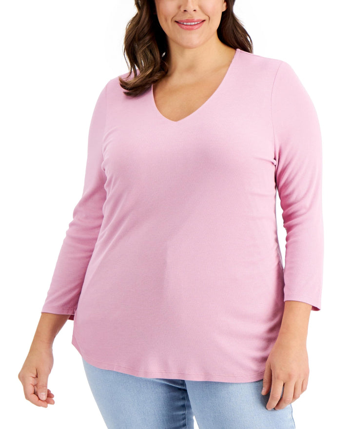 INC International Concepts Plus Size Ribbed V Neck Top