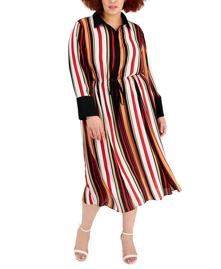 Anne Klein Plus Size Striped Drawstring Shirtdress