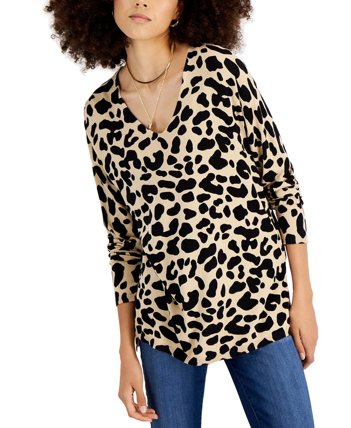 INC International Concepts Tonal Leopard Print V Neck Step Hem Sweater