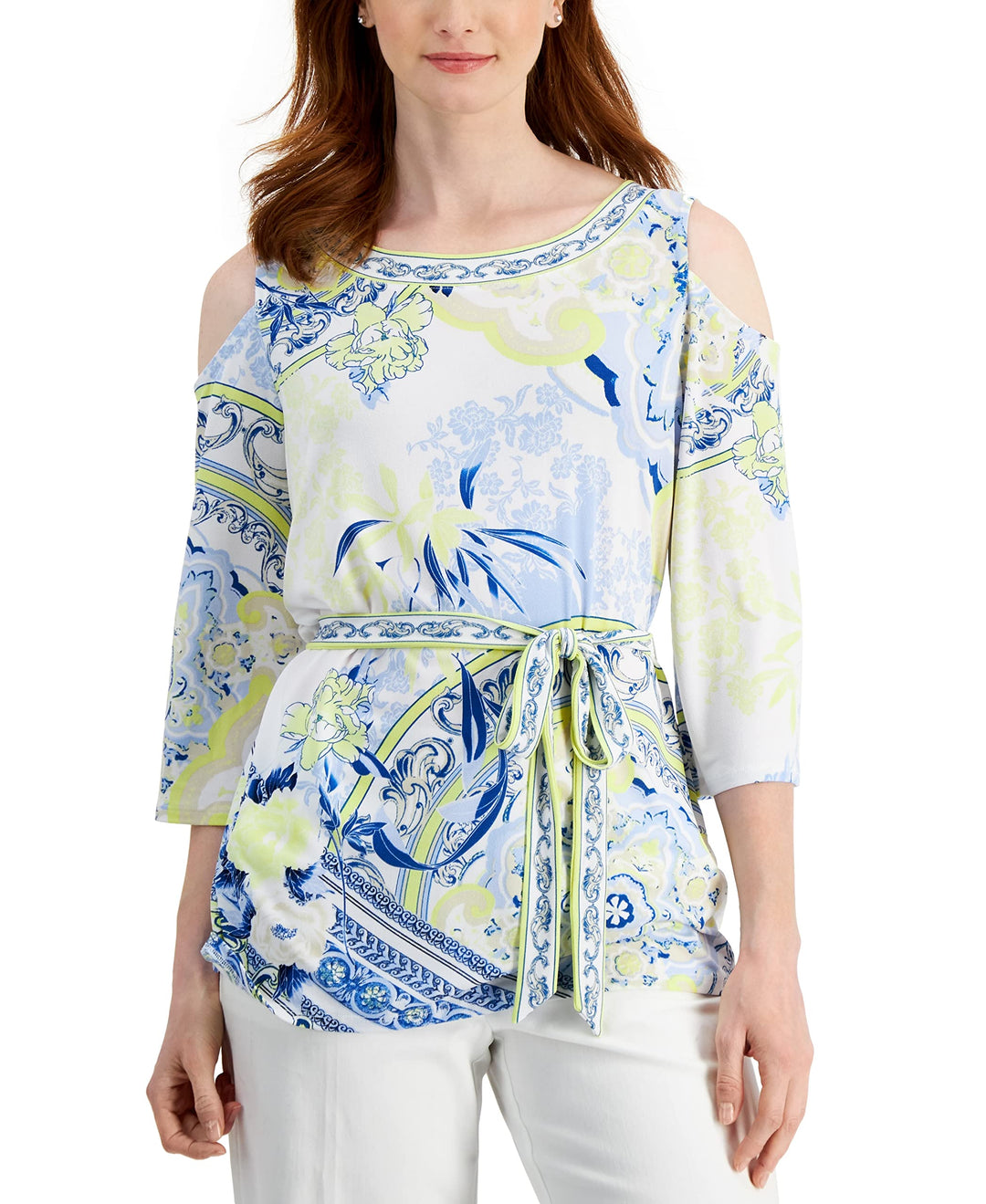 JM Collection Womens Belted Cold-Shoulder Top