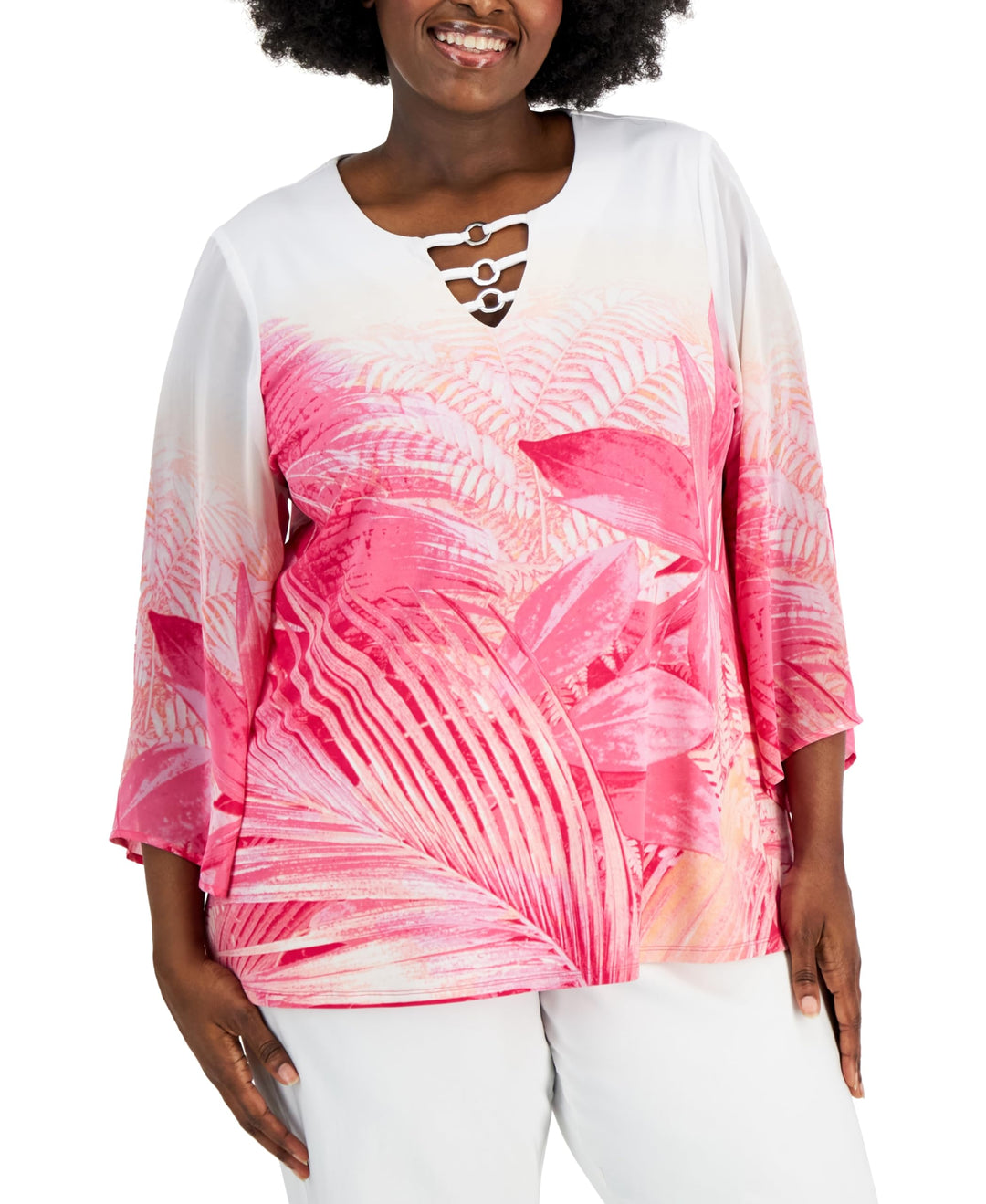 JM Collection Plus Size Palm Print Chiffon Sleeve Tunic
