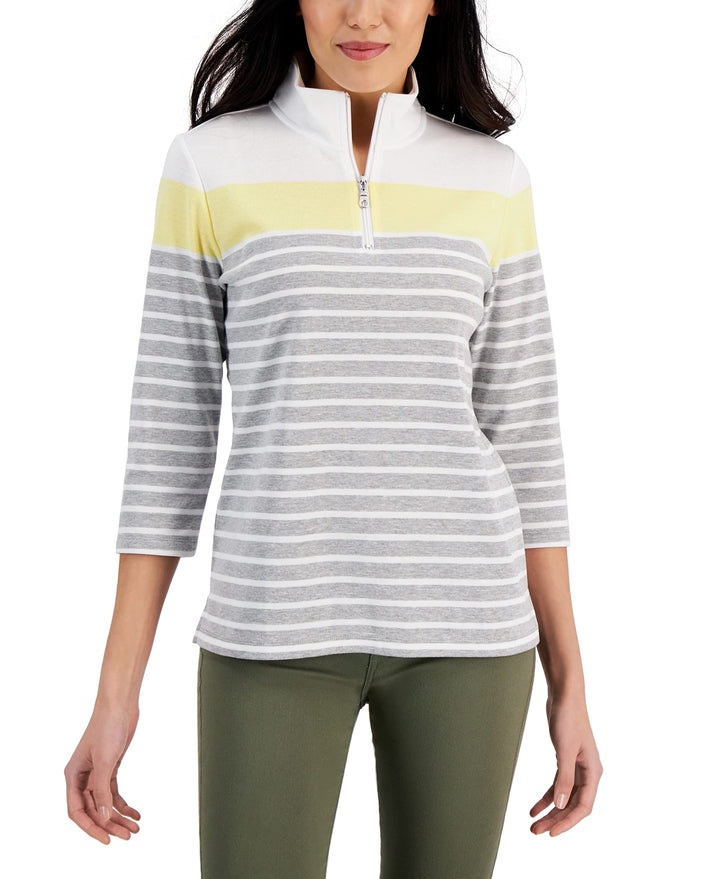 Karen Scott Striped Quarter Zip 3/4 Sleeve Top