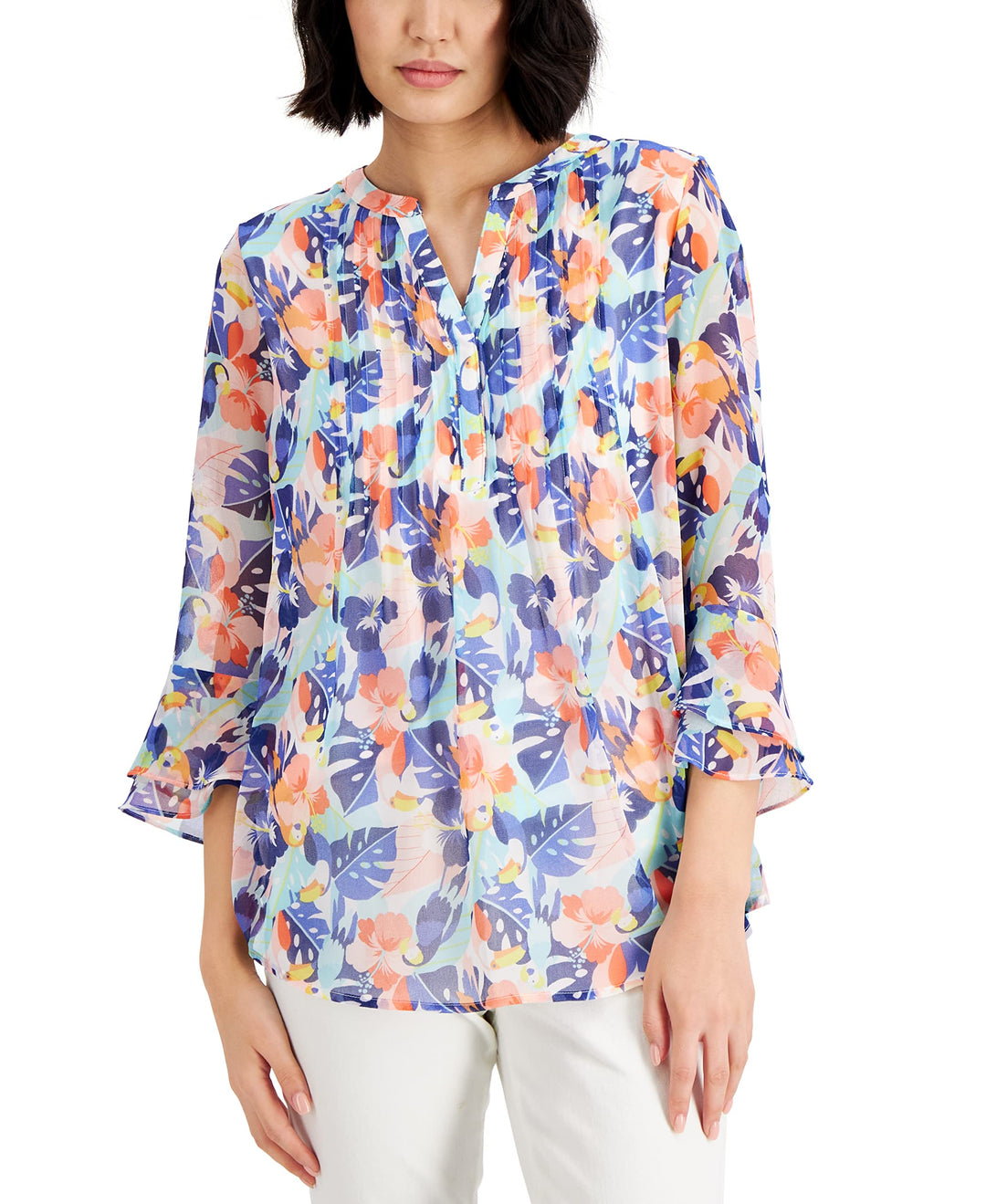 Charter Club Petite Pintucked Tropical Print Top