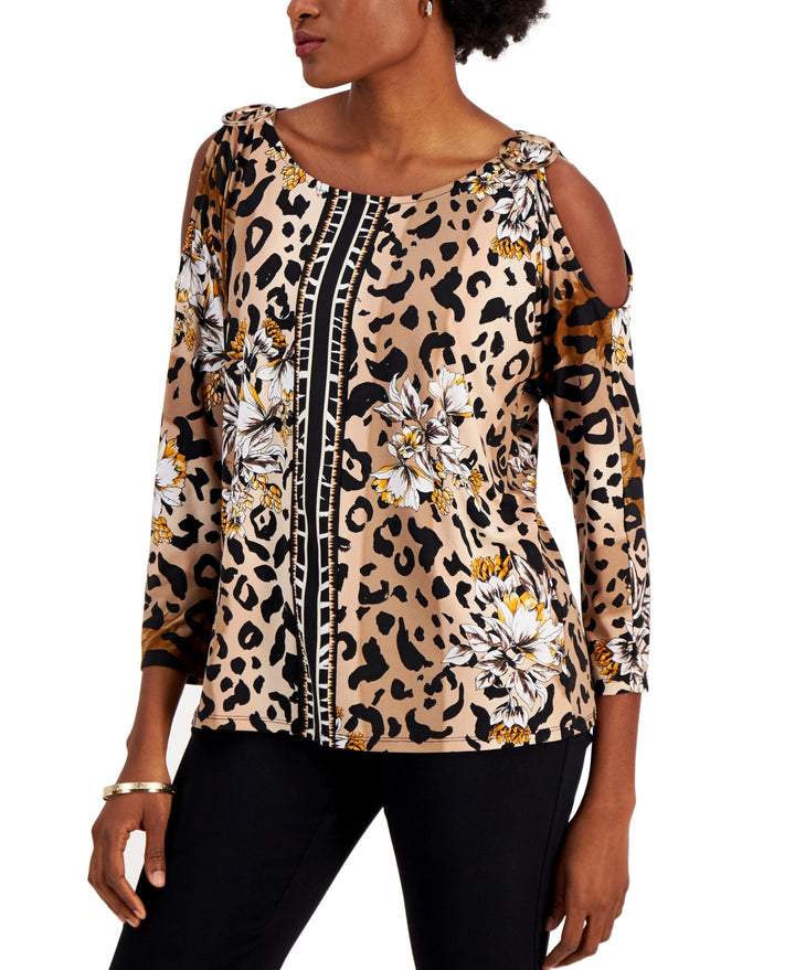 JM Collection Womens Cheetah Garden Cold Shoulder Top