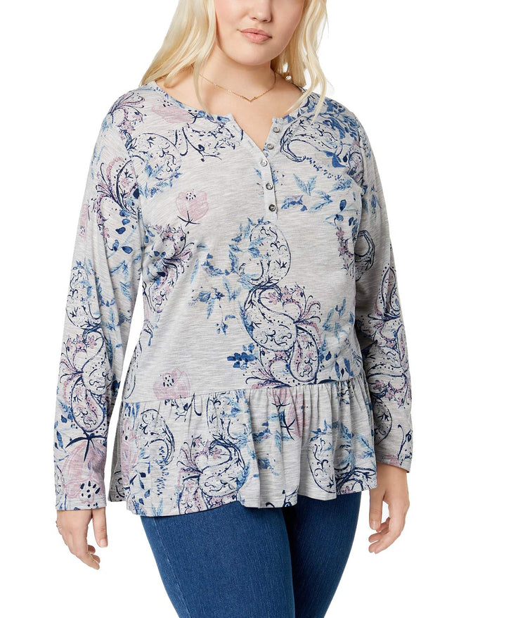Style & Co Plus Size Printed Ruffled Henley Top