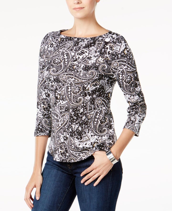 Button-Shoulder Print Top