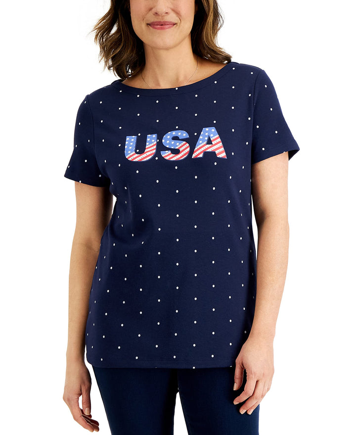 Karen Scott Petite Short Sleeve Usa Stars Boatneck Top