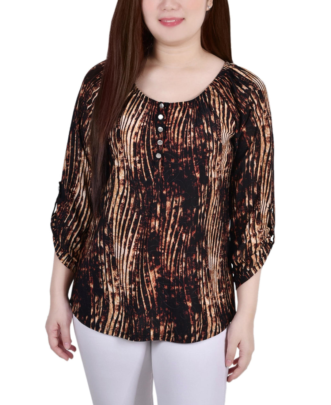 Petite 3/4 Push Tab Round Neck Henley Top