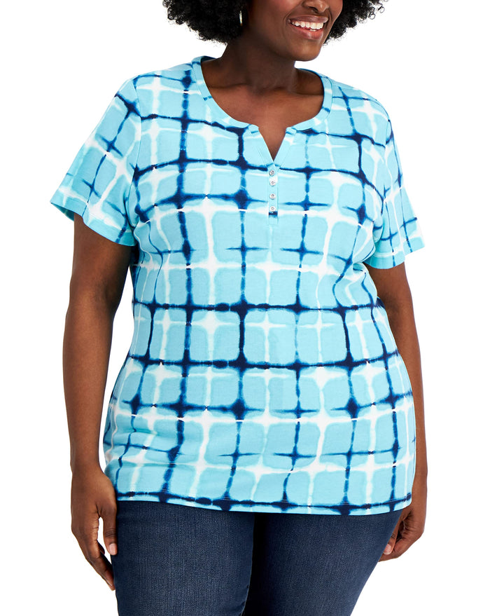 Karen Scott Plus Size Printed Split Neck Henley Top