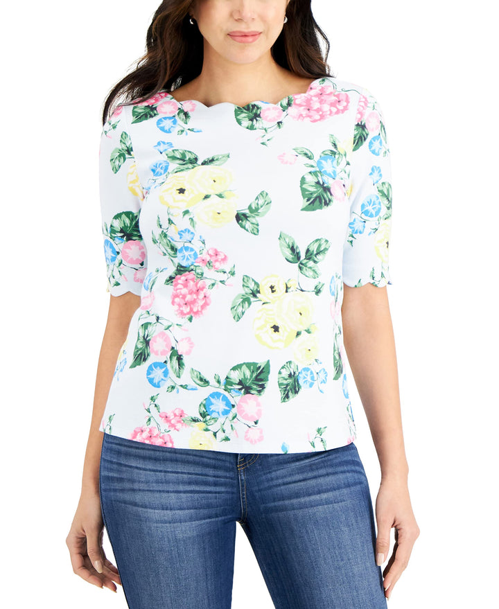 Charter Club Petite Floral Print Scalloped Top