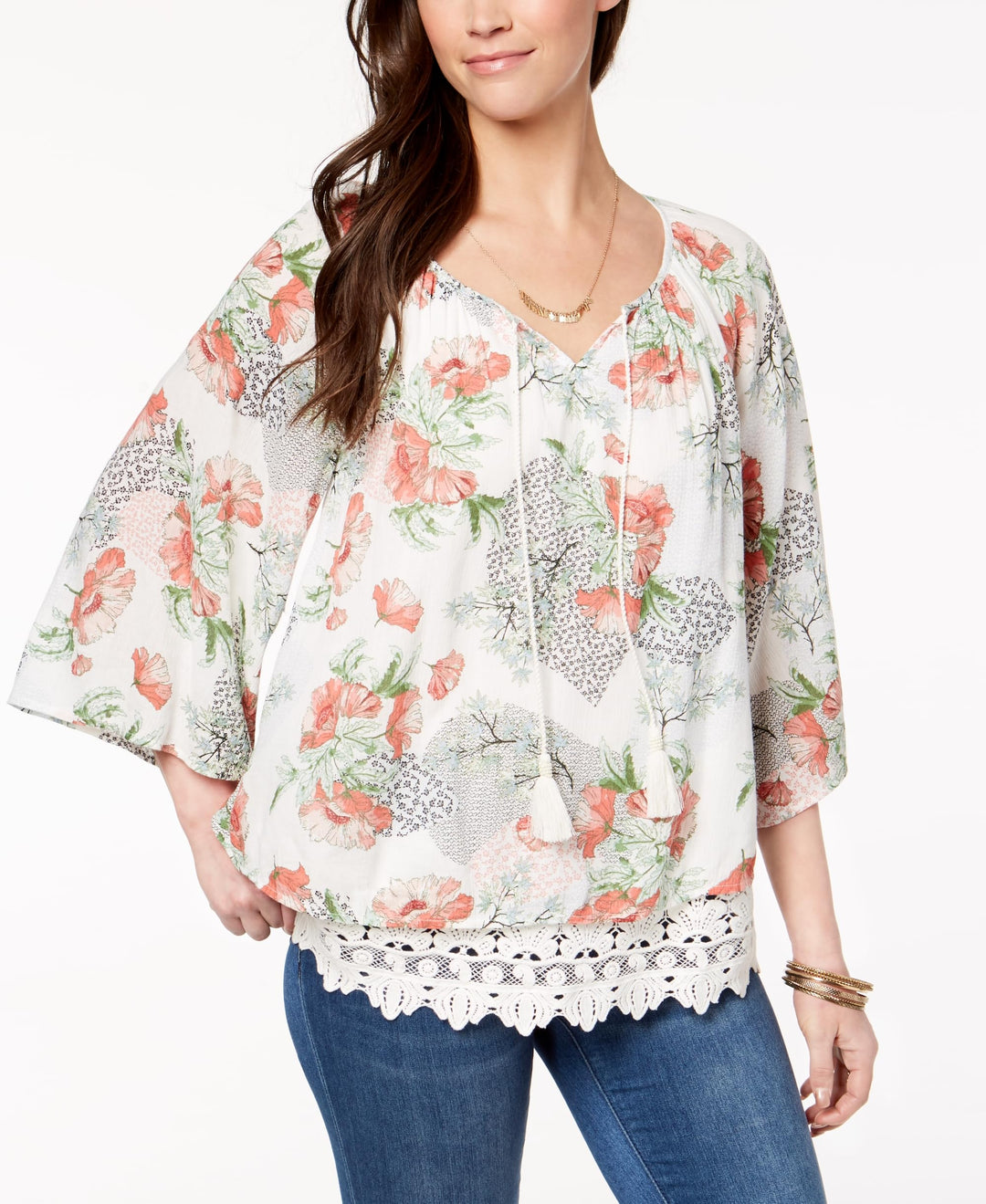 Style & Co Petite Printed Lace Hem Peasant Top