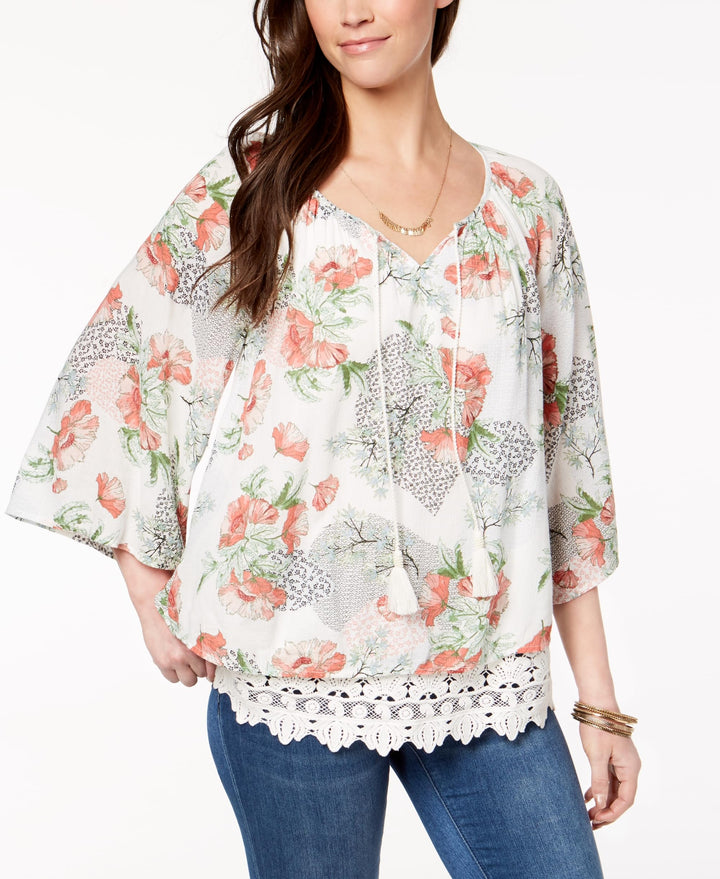 Style & Co Petite Printed Lace Hem Peasant Top