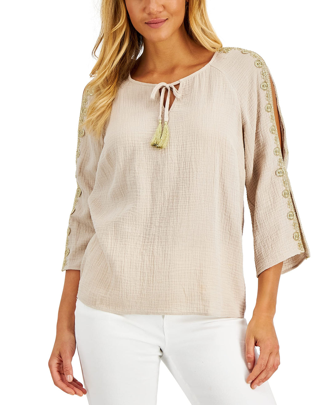 JM Collection Petite Embroidered Shoulder Tassel Top