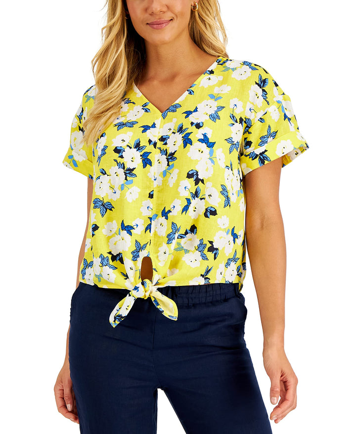 Charter Club Womens Linen Printed Tie Front Top