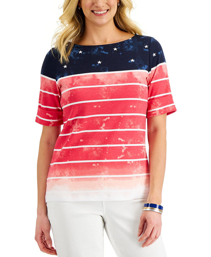 Karen Scott Petite Watercolor Patriotic Boatneck Top
