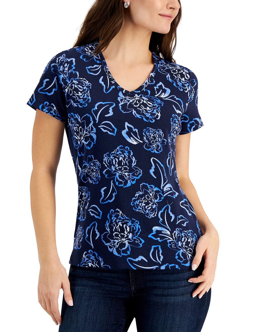 Karen Scott Peony Floral V Neck Top
