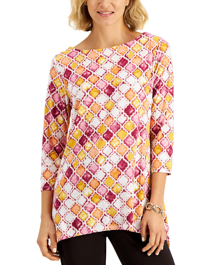 JM Collection Printed Jacquard Asymmetrical Hem Top