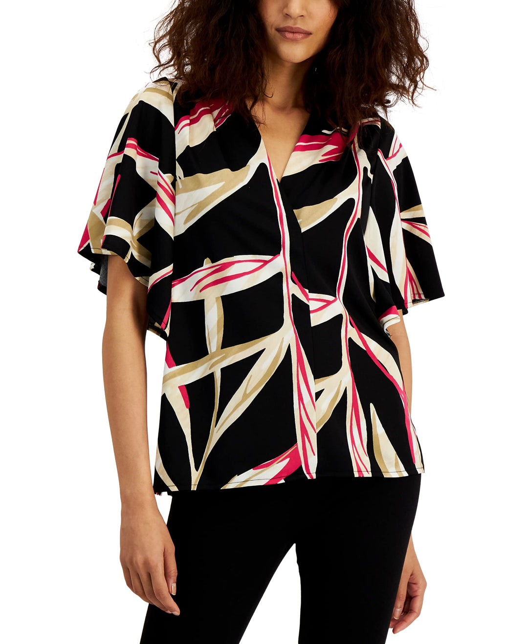 Alfani Womens Mixed Media Flutter Sleeve Top