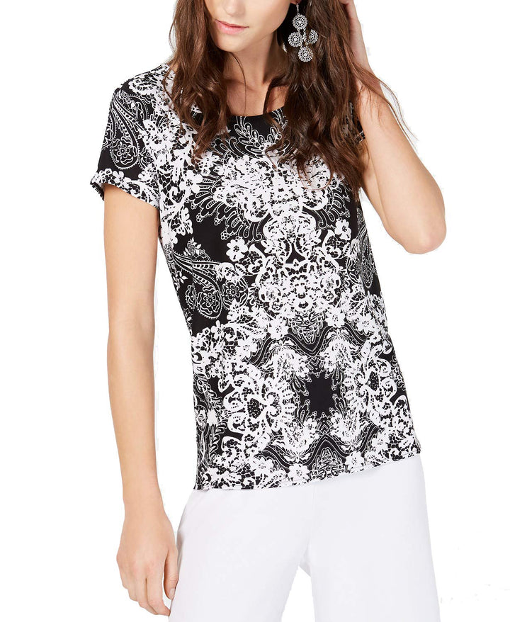 INC Printed Tie-Back Top (Placed Lace Jewel, L)