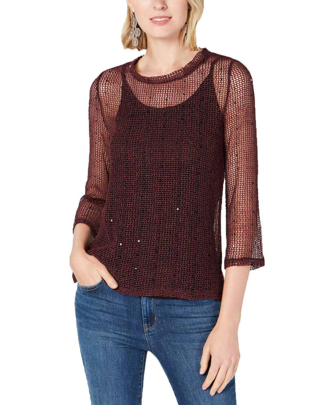 I.N.C. Sequined Open-Knit Illusion Top