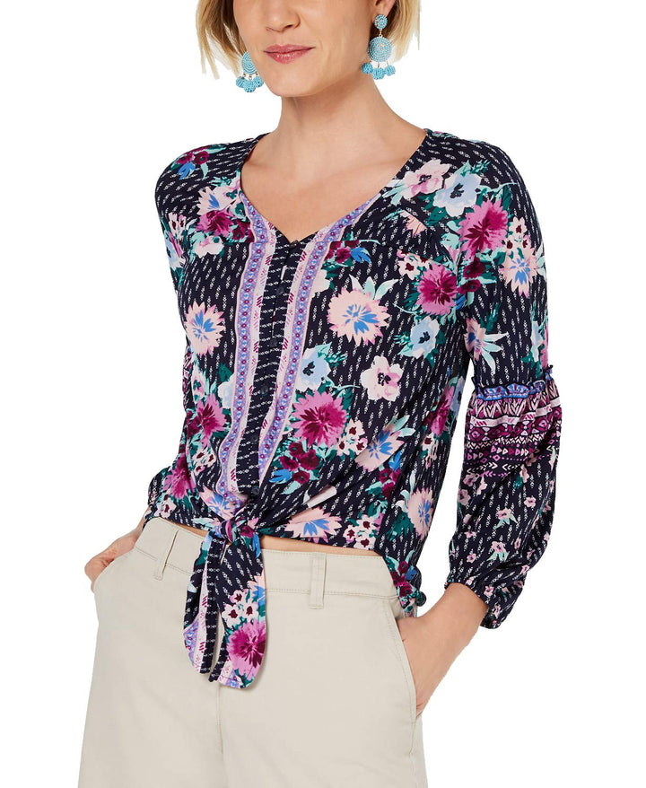 Printed Tie-Front Top