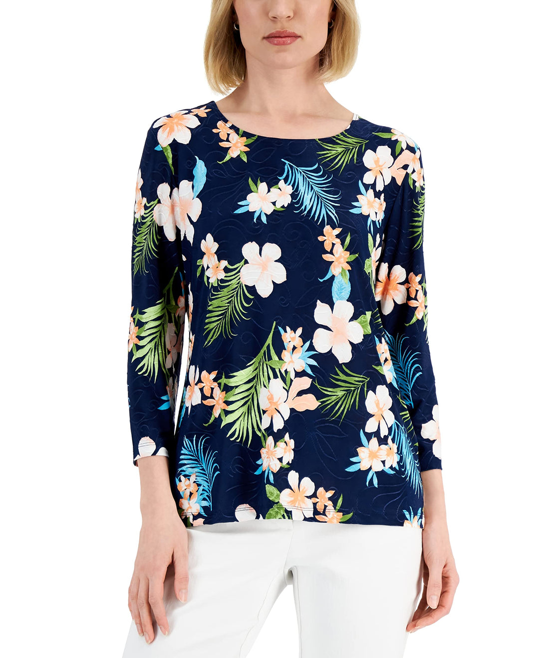 JM Collection Womens Printed Jacquard Top
