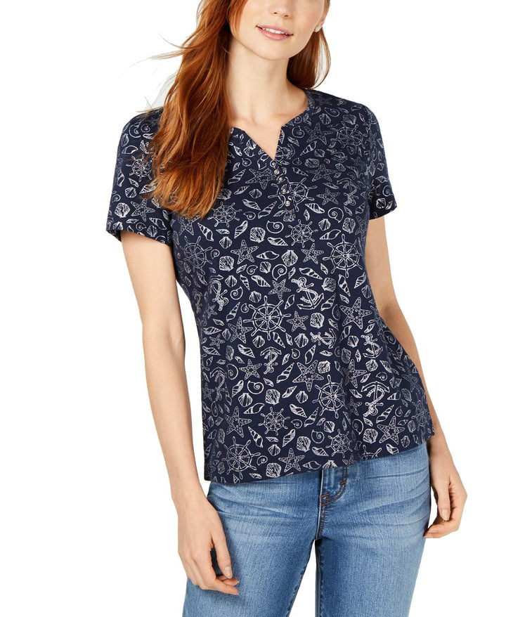 Foil-Print Split-Neck T-Shirt